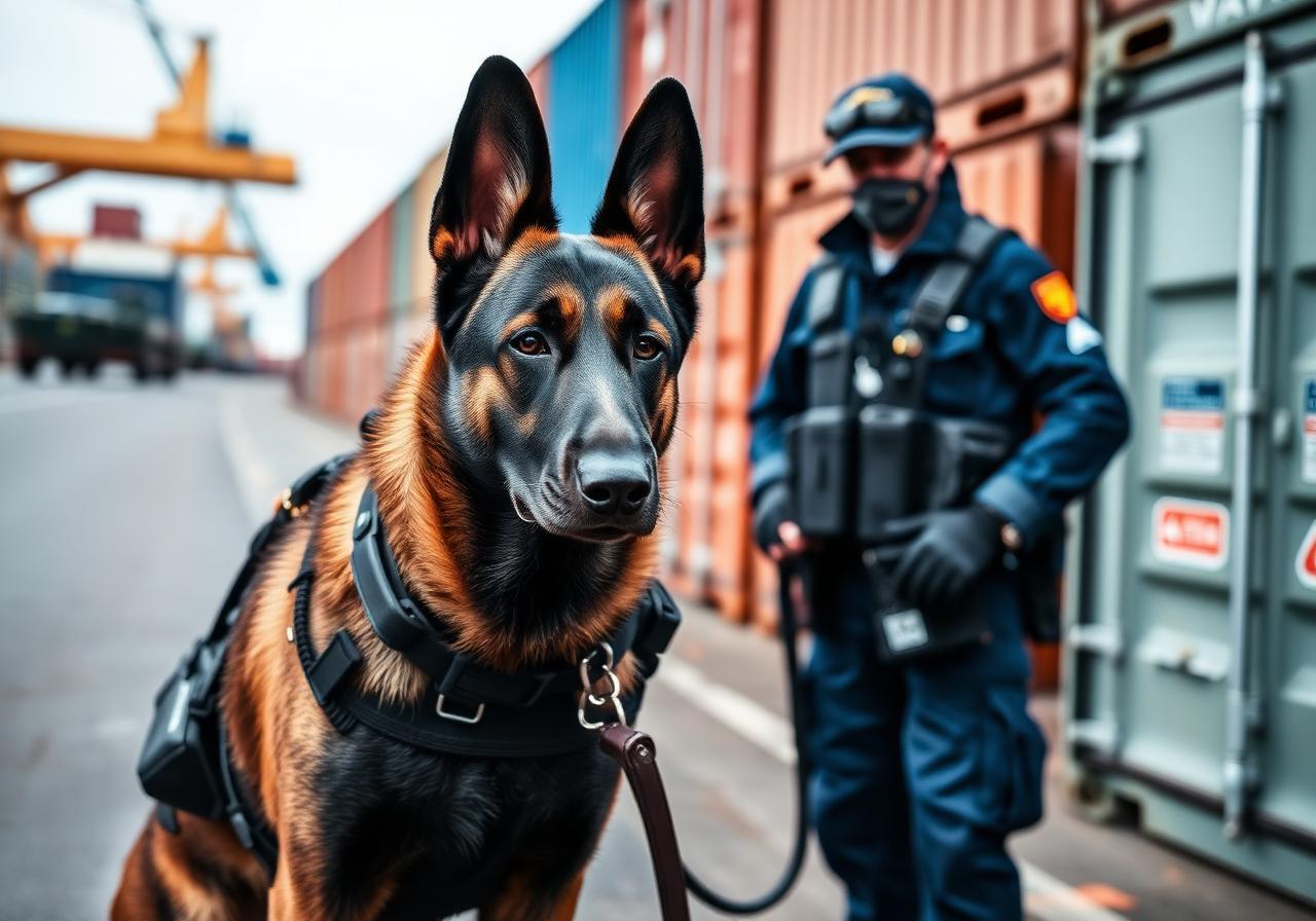 Equipo de perros de detección trabajando en la seguridad del puerto